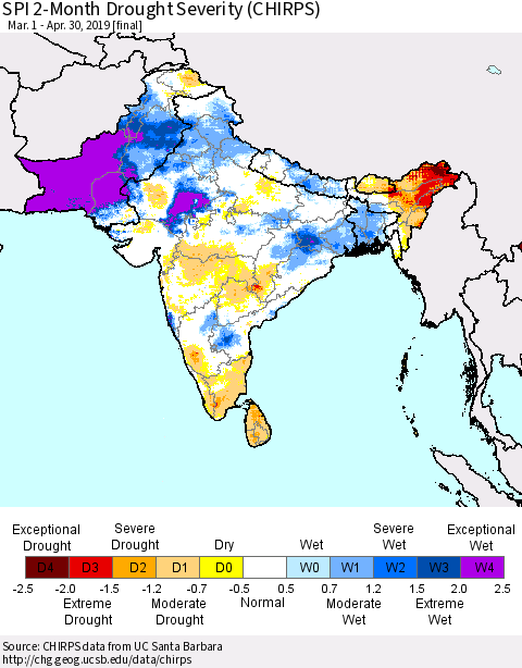 Southern Asia SPI 2-Month Drought Severity (CHIRPS) Thematic Map For 3/1/2019 - 4/30/2019