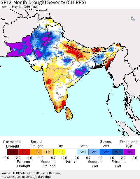Southern Asia SPI 2-Month Drought Severity (CHIRPS) Thematic Map For 4/1/2019 - 5/31/2019