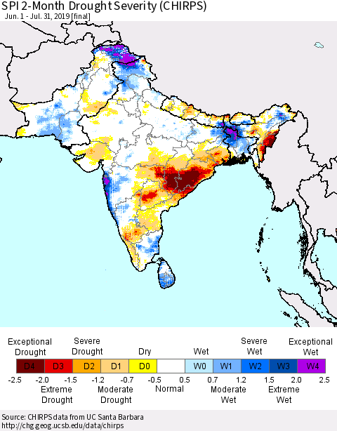 Southern Asia SPI 2-Month Drought Severity (CHIRPS) Thematic Map For 6/1/2019 - 7/31/2019