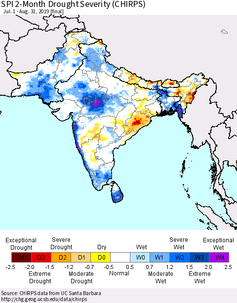 Southern Asia SPI 2-Month Drought Severity (CHIRPS) Thematic Map For 7/1/2019 - 8/31/2019