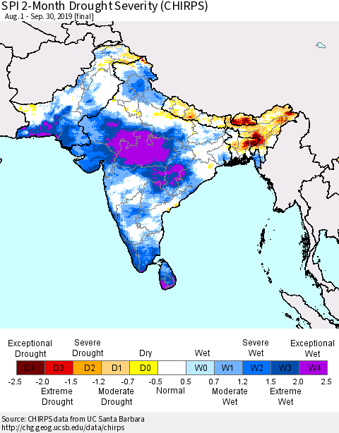 Southern Asia SPI 2-Month Drought Severity (CHIRPS) Thematic Map For 8/1/2019 - 9/30/2019