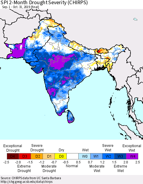 Southern Asia SPI 2-Month Drought Severity (CHIRPS) Thematic Map For 9/1/2019 - 10/31/2019