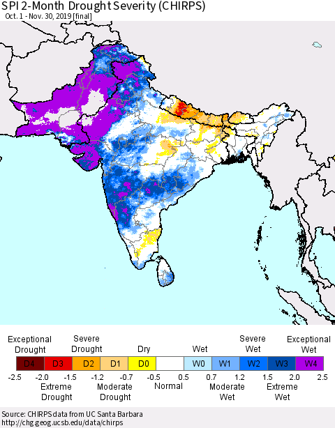 Southern Asia SPI 2-Month Drought Severity (CHIRPS) Thematic Map For 10/1/2019 - 11/30/2019