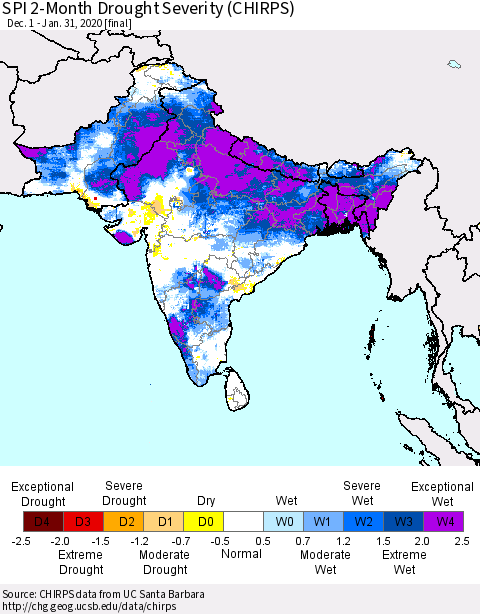 Southern Asia SPI 2-Month Drought Severity (CHIRPS) Thematic Map For 12/1/2019 - 1/31/2020