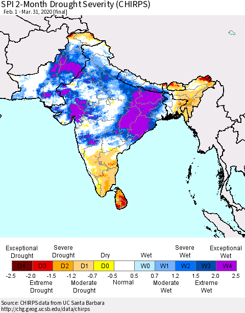 Southern Asia SPI 2-Month Drought Severity (CHIRPS) Thematic Map For 2/1/2020 - 3/31/2020