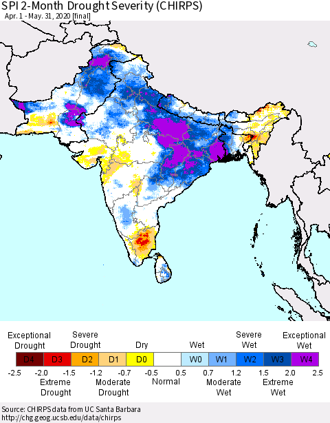 Southern Asia SPI 2-Month Drought Severity (CHIRPS) Thematic Map For 4/1/2020 - 5/31/2020