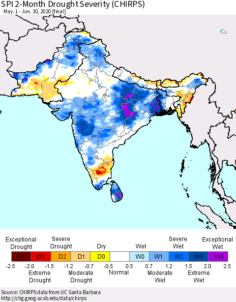 Southern Asia SPI 2-Month Drought Severity (CHIRPS) Thematic Map For 5/1/2020 - 6/30/2020