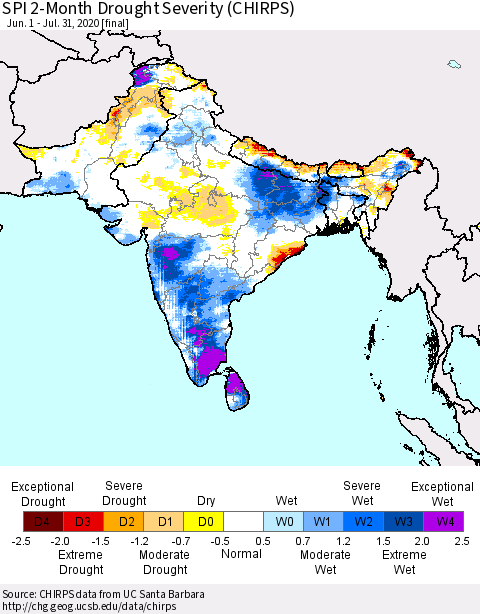 Southern Asia SPI 2-Month Drought Severity (CHIRPS) Thematic Map For 6/1/2020 - 7/31/2020