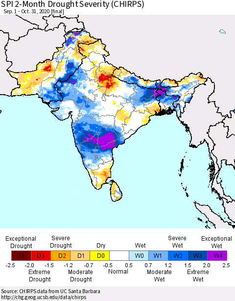 Southern Asia SPI 2-Month Drought Severity (CHIRPS) Thematic Map For 9/1/2020 - 10/31/2020