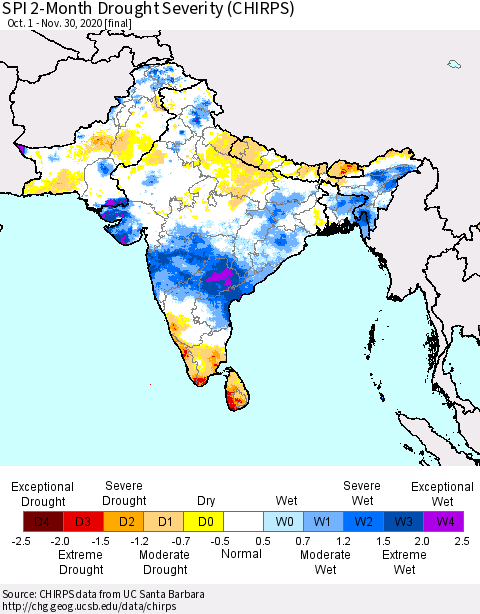 Southern Asia SPI 2-Month Drought Severity (CHIRPS) Thematic Map For 10/1/2020 - 11/30/2020