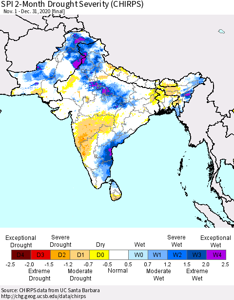 Southern Asia SPI 2-Month Drought Severity (CHIRPS) Thematic Map For 11/1/2020 - 12/31/2020
