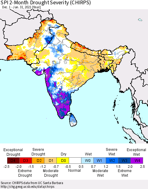 Southern Asia SPI 2-Month Drought Severity (CHIRPS) Thematic Map For 12/1/2020 - 1/31/2021