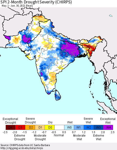 Southern Asia SPI 2-Month Drought Severity (CHIRPS) Thematic Map For 5/1/2021 - 6/30/2021