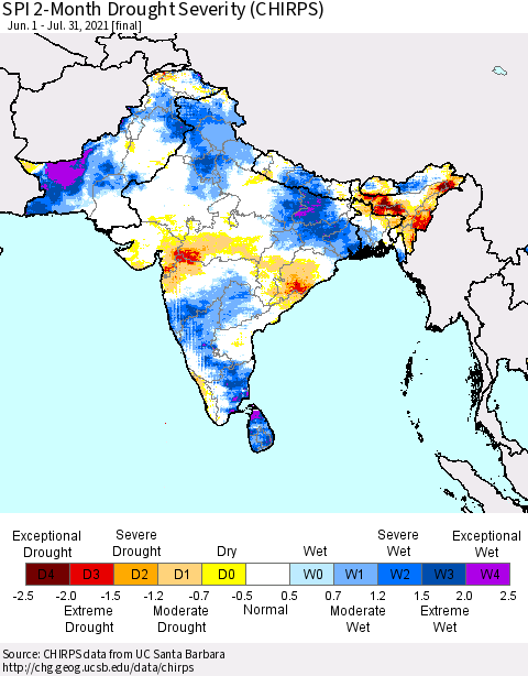 Southern Asia SPI 2-Month Drought Severity (CHIRPS) Thematic Map For 6/1/2021 - 7/31/2021