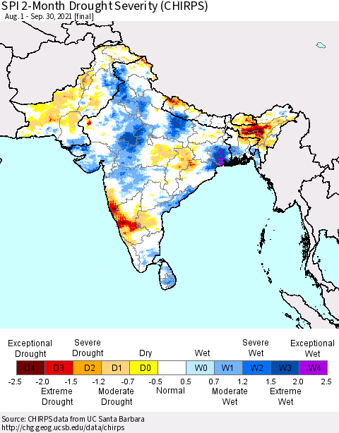 Southern Asia SPI 2-Month Drought Severity (CHIRPS) Thematic Map For 8/1/2021 - 9/30/2021