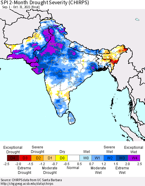 Southern Asia SPI 2-Month Drought Severity (CHIRPS) Thematic Map For 9/1/2021 - 10/31/2021