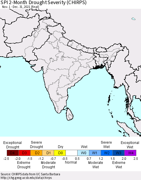 Southern Asia SPI 2-Month Drought Severity (CHIRPS) Thematic Map For 11/1/2021 - 12/31/2021