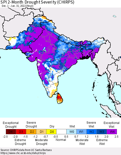 Southern Asia SPI 2-Month Drought Severity (CHIRPS) Thematic Map For 12/1/2021 - 1/31/2022