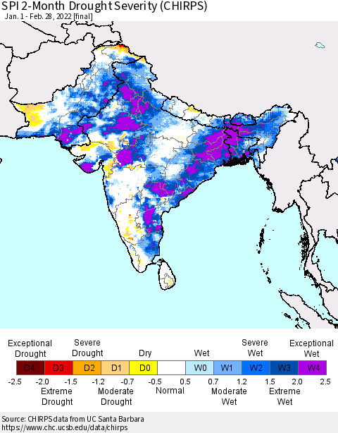 Southern Asia SPI 2-Month Drought Severity (CHIRPS) Thematic Map For 1/1/2022 - 2/28/2022