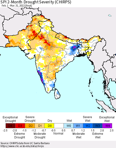 Southern Asia SPI 2-Month Drought Severity (CHIRPS) Thematic Map For 2/1/2022 - 3/31/2022