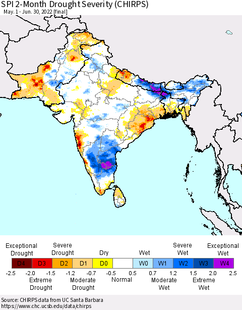 Southern Asia SPI 2-Month Drought Severity (CHIRPS) Thematic Map For 5/1/2022 - 6/30/2022