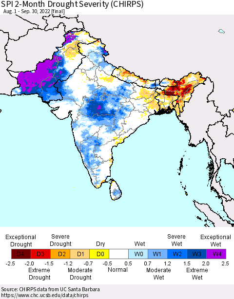 Southern Asia SPI 2-Month Drought Severity (CHIRPS) Thematic Map For 8/1/2022 - 9/30/2022