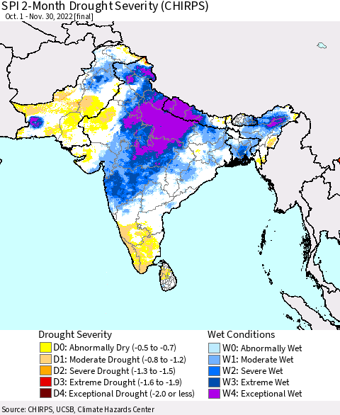 Southern Asia SPI 2-Month Drought Severity (CHIRPS) Thematic Map For 10/1/2022 - 11/30/2022