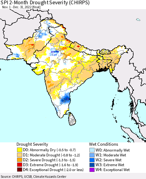 Southern Asia SPI 2-Month Drought Severity (CHIRPS) Thematic Map For 11/1/2022 - 12/31/2022