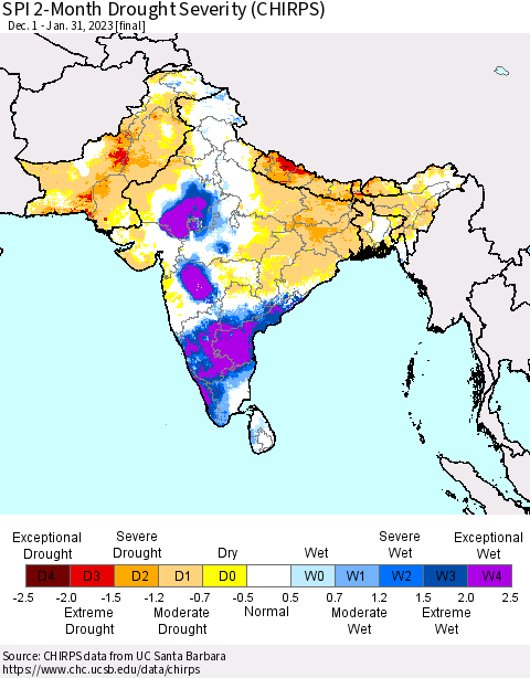 Southern Asia SPI 2-Month Drought Severity (CHIRPS) Thematic Map For 12/1/2022 - 1/31/2023