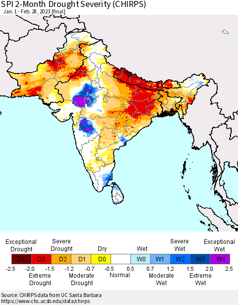 Southern Asia SPI 2-Month Drought Severity (CHIRPS) Thematic Map For 1/1/2023 - 2/28/2023