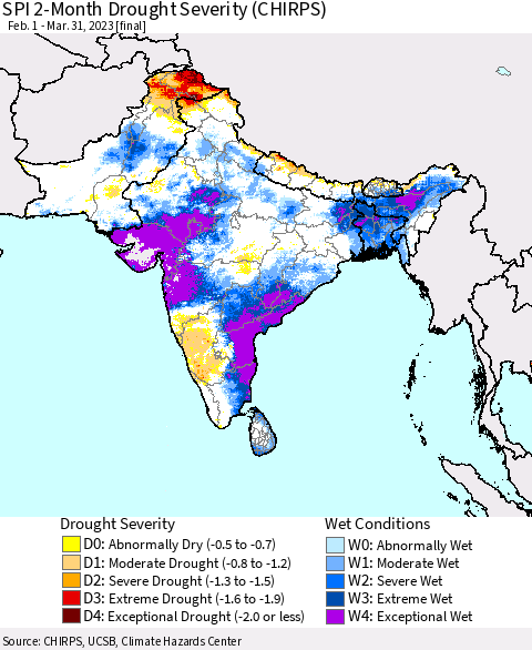 Southern Asia SPI 2-Month Drought Severity (CHIRPS) Thematic Map For 2/1/2023 - 3/31/2023