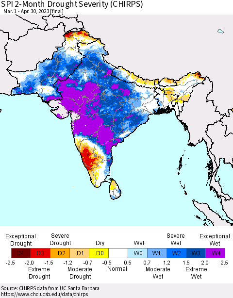 Southern Asia SPI 2-Month Drought Severity (CHIRPS) Thematic Map For 3/1/2023 - 4/30/2023