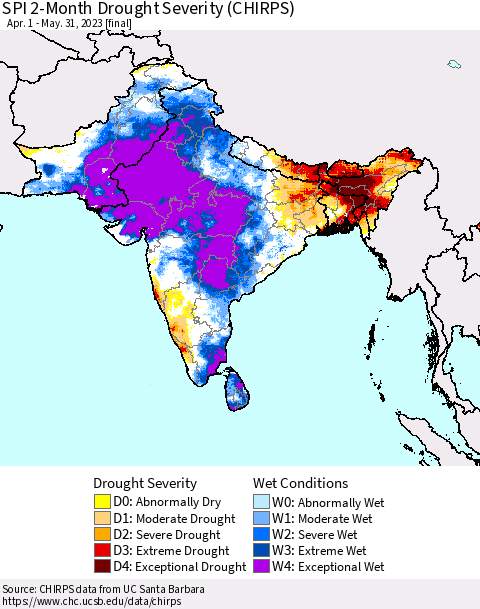 Southern Asia SPI 2-Month Drought Severity (CHIRPS) Thematic Map For 4/1/2023 - 5/31/2023