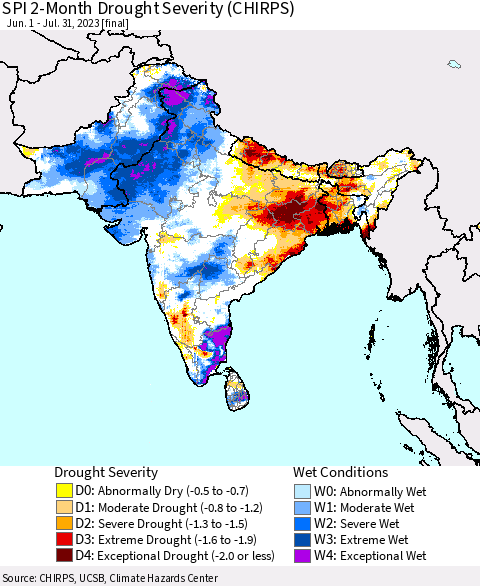 Southern Asia SPI 2-Month Drought Severity (CHIRPS) Thematic Map For 6/1/2023 - 7/31/2023