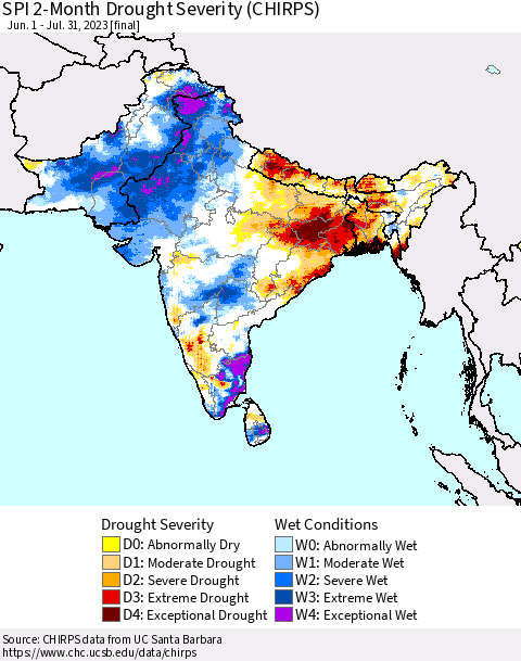 Southern Asia SPI 2-Month Drought Severity (CHIRPS) Thematic Map For 6/1/2023 - 7/31/2023