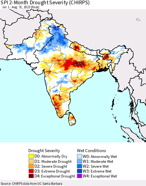 Southern Asia SPI 2-Month Drought Severity (CHIRPS) Thematic Map For 7/1/2023 - 8/31/2023