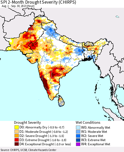 Southern Asia SPI 2-Month Drought Severity (CHIRPS) Thematic Map For 8/1/2023 - 9/30/2023