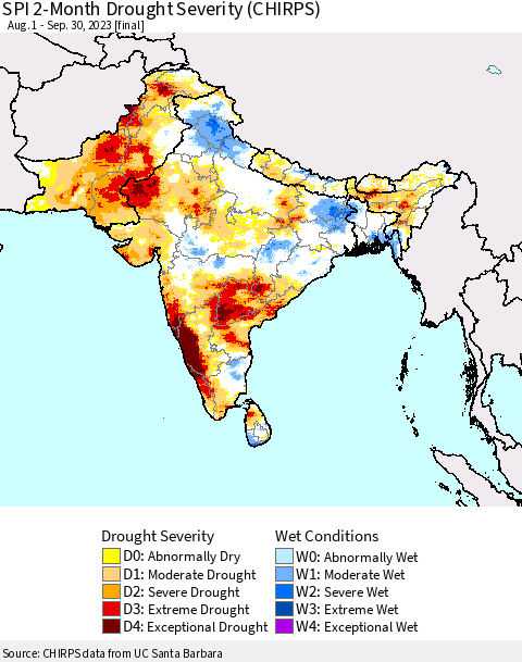 Southern Asia SPI 2-Month Drought Severity (CHIRPS) Thematic Map For 8/1/2023 - 9/30/2023