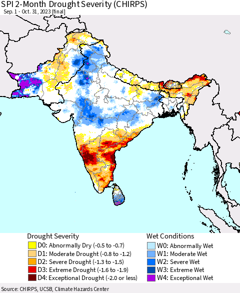 Southern Asia SPI 2-Month Drought Severity (CHIRPS) Thematic Map For 9/1/2023 - 10/31/2023