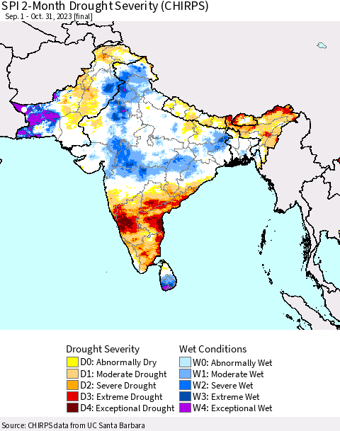 Southern Asia SPI 2-Month Drought Severity (CHIRPS) Thematic Map For 9/1/2023 - 10/31/2023