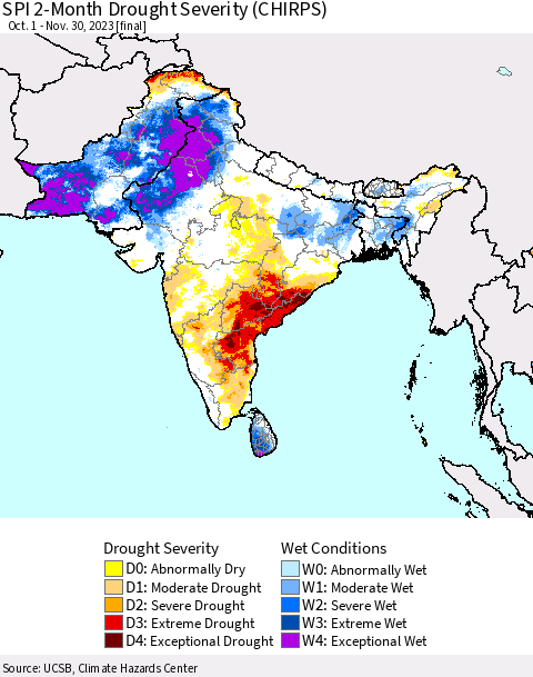 Southern Asia SPI 2-Month Drought Severity (CHIRPS) Thematic Map For 10/1/2023 - 11/30/2023