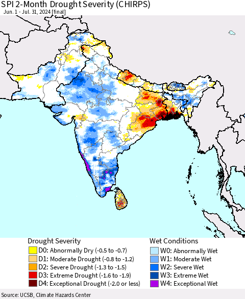 Southern Asia SPI 2-Month Drought Severity (CHIRPS) Thematic Map For 6/1/2024 - 7/31/2024