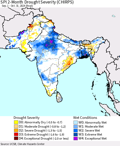 Southern Asia SPI 2-Month Drought Severity (CHIRPS) Thematic Map For 9/1/2024 - 10/31/2024