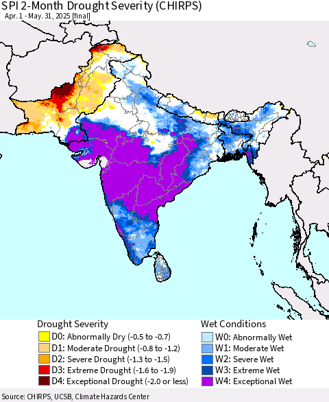 Southern Asia SPI 2-Month Drought Severity (CHIRPS) Thematic Map For 4/1/2025 - 5/31/2025