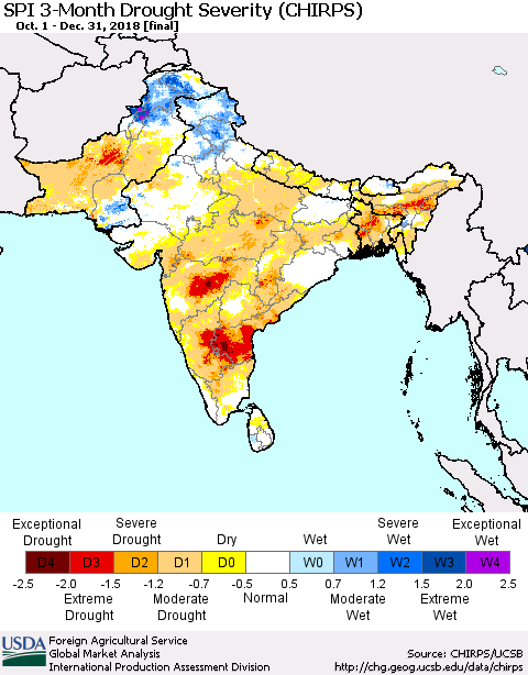 Southern Asia SPI 3-Month Drought Severity (CHIRPS) Thematic Map For 10/1/2018 - 12/31/2018