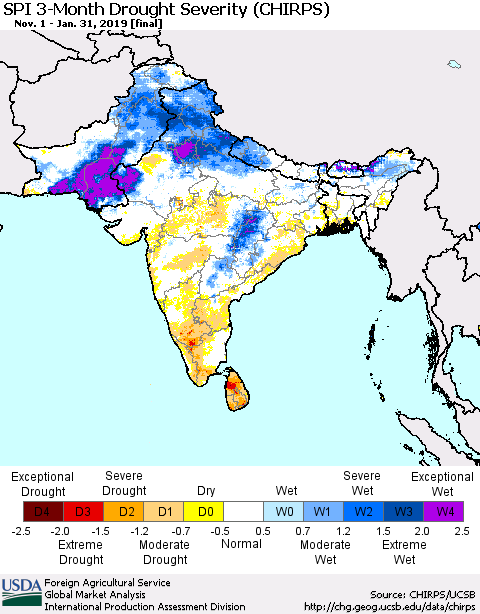 Southern Asia SPI 3-Month Drought Severity (CHIRPS) Thematic Map For 11/1/2018 - 1/31/2019