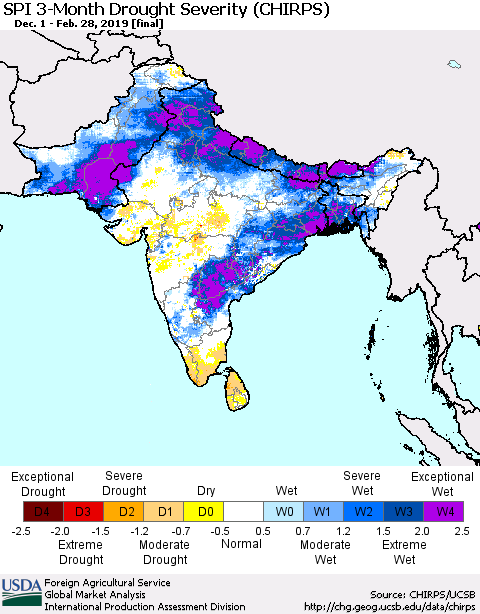 Southern Asia SPI 3-Month Drought Severity (CHIRPS) Thematic Map For 12/1/2018 - 2/28/2019