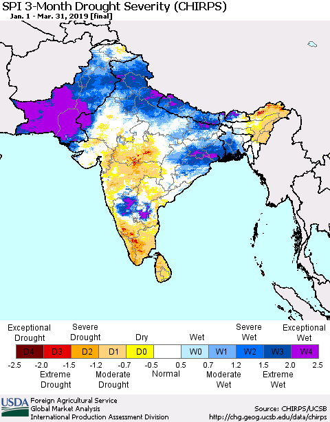 Southern Asia SPI 3-Month Drought Severity (CHIRPS) Thematic Map For 1/1/2019 - 3/31/2019