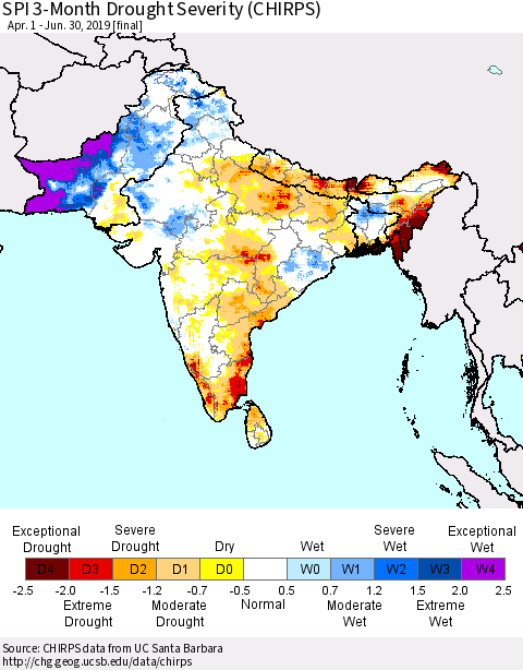 Southern Asia SPI 3-Month Drought Severity (CHIRPS) Thematic Map For 4/1/2019 - 6/30/2019