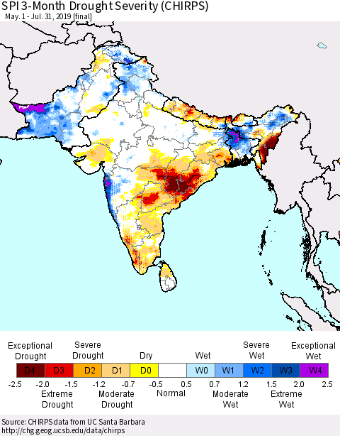Southern Asia SPI 3-Month Drought Severity (CHIRPS) Thematic Map For 5/1/2019 - 7/31/2019